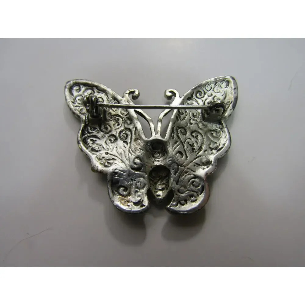 Sage Green Enamel Butterfly W/Rhinstones Brooch Boho Minimalist Art Deco Cottage